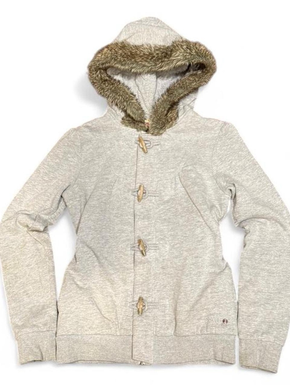 Y2K Roxy Faur Fur Hooded Clasp Button Zip Up Grey Hoodie